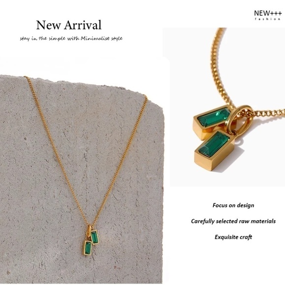 New Emerald Green Gemstone 18K Gold Plated Necklace - Picture 5 of 16